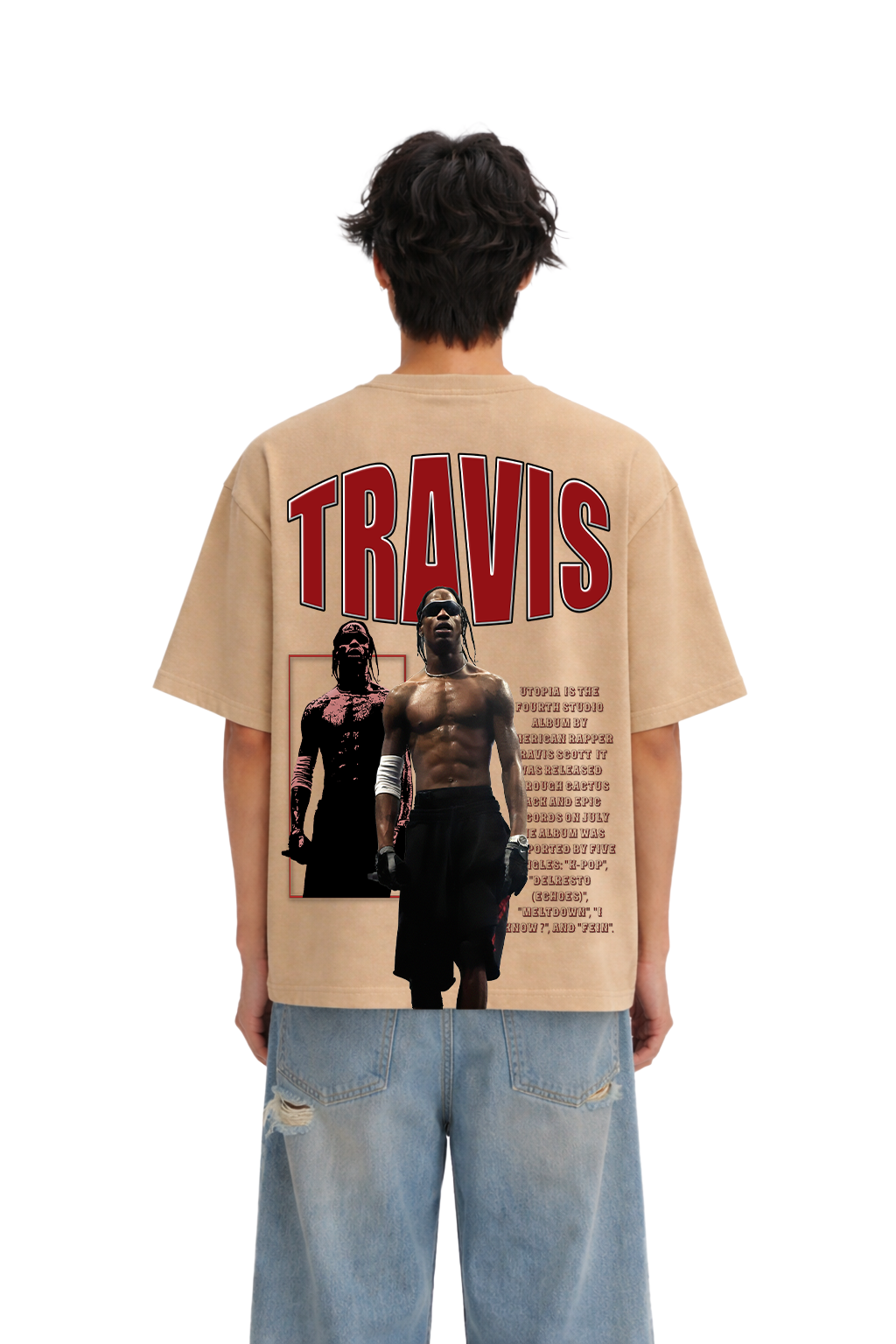 Oversized beige streetwear t-shirt with TRAVIS graphic, boxing theme, worn by a male model