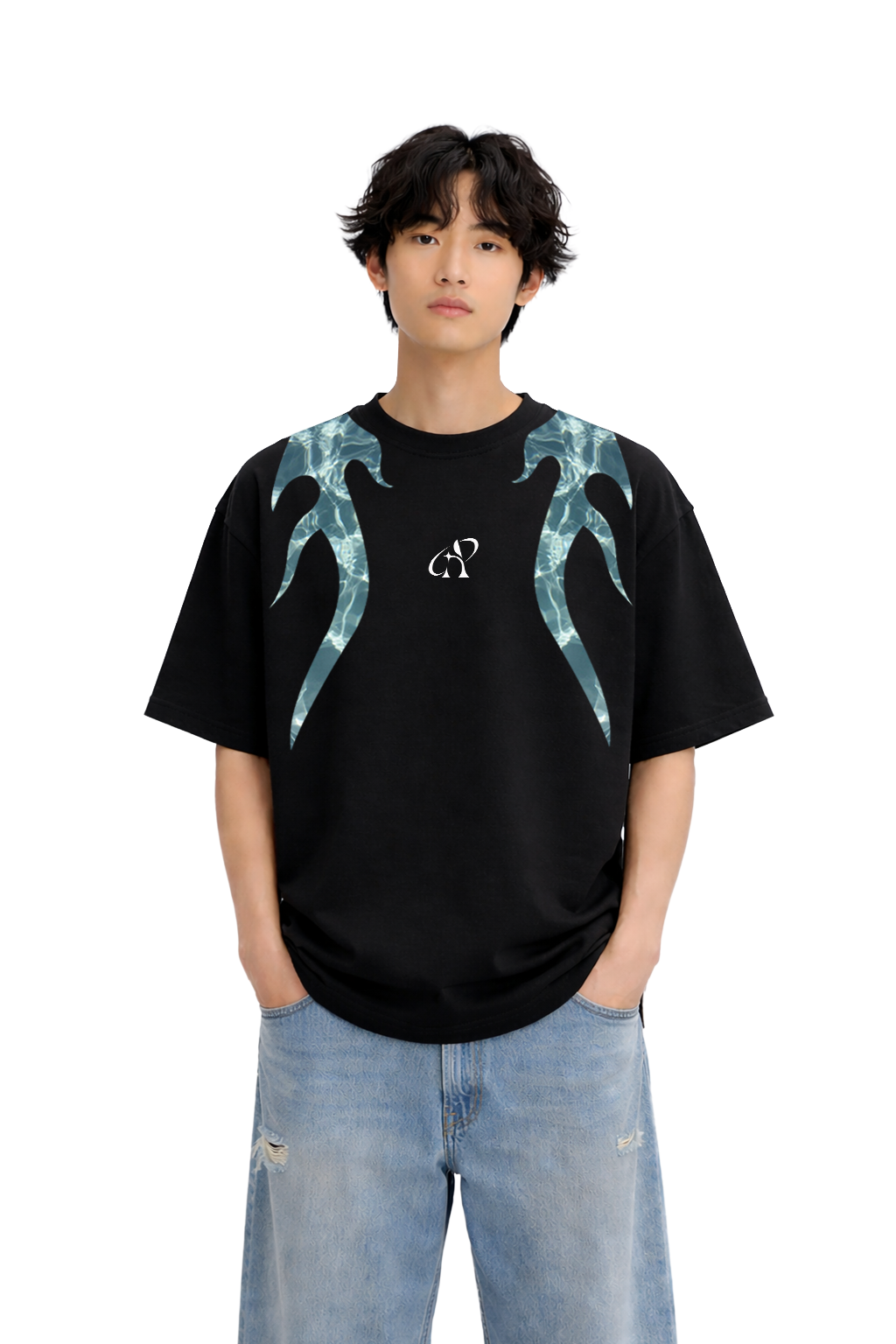 Model wearing oversized black streetwear t-shirt with blue flame graphic and baggy jeans