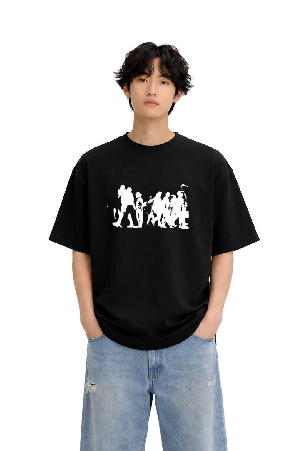 Model wearing oversized black streetwear t-shirt with white crowd graphic print