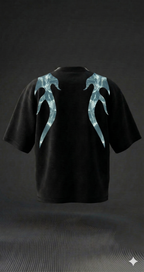 Oversized black t-shirt with water-patterned graphic details on shoulders, streetwear style