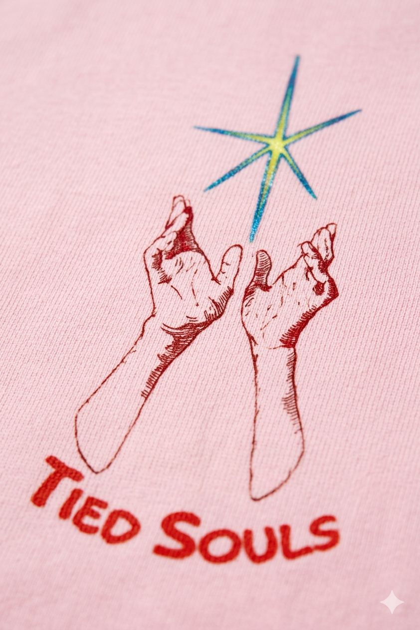 Pink streetwear t-shirt with graphic of two hands, blue star, and 'Tied Souls' text