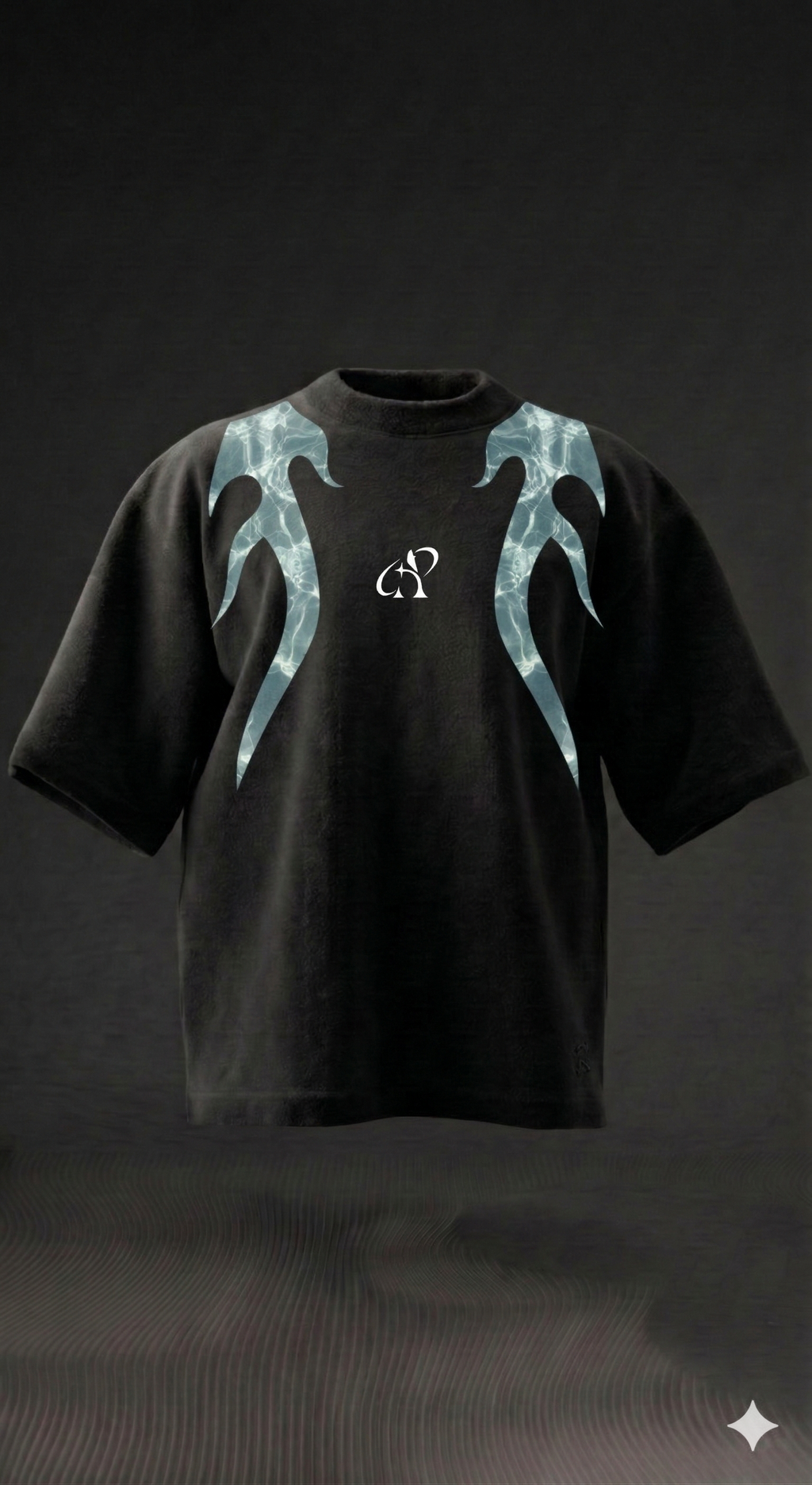 Black oversized streetwear t-shirt with blue flame graphic and white abstract logo