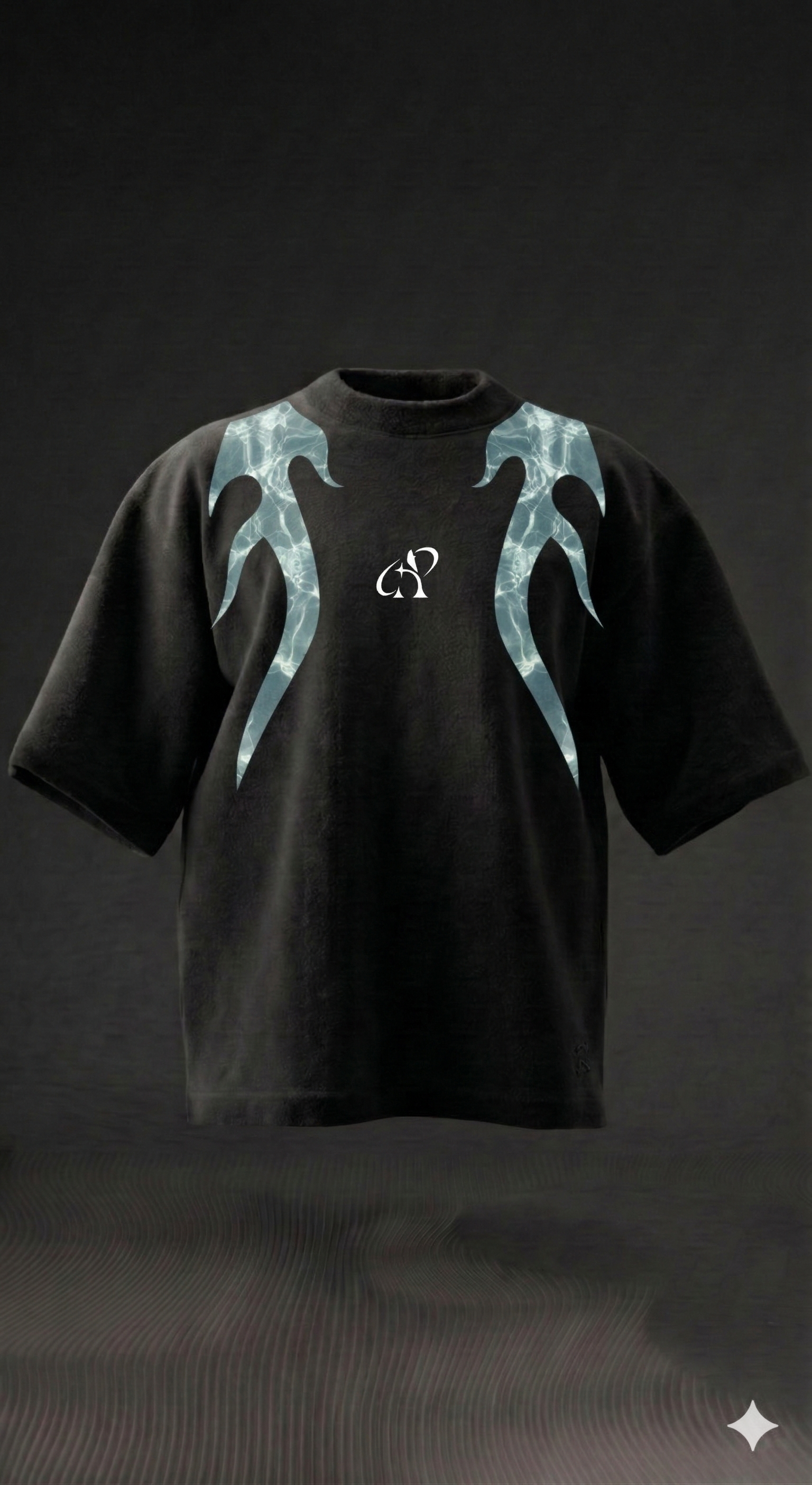 Black oversized streetwear t-shirt with blue flame graphic and white abstract logo