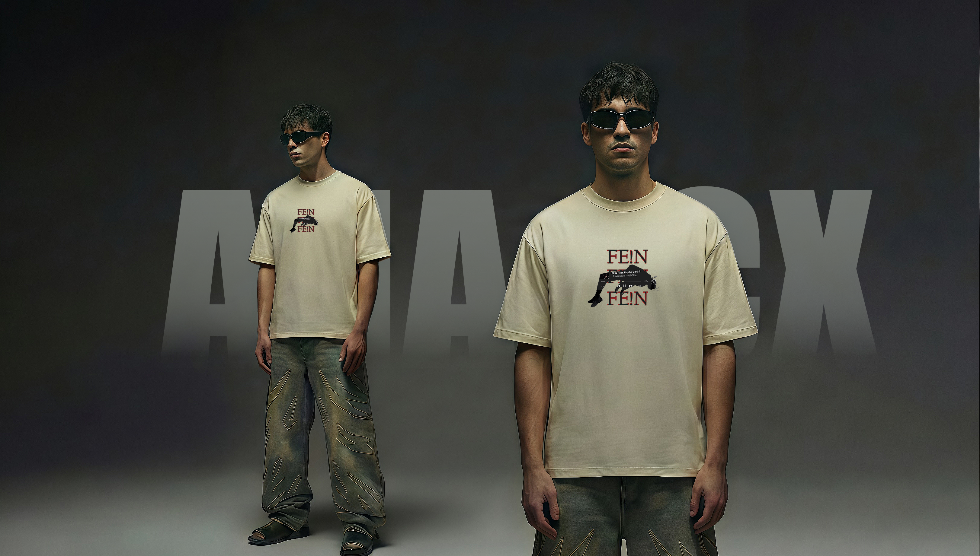 Model wearing cream oversized streetwear t-shirt with graphic print and sunglasses