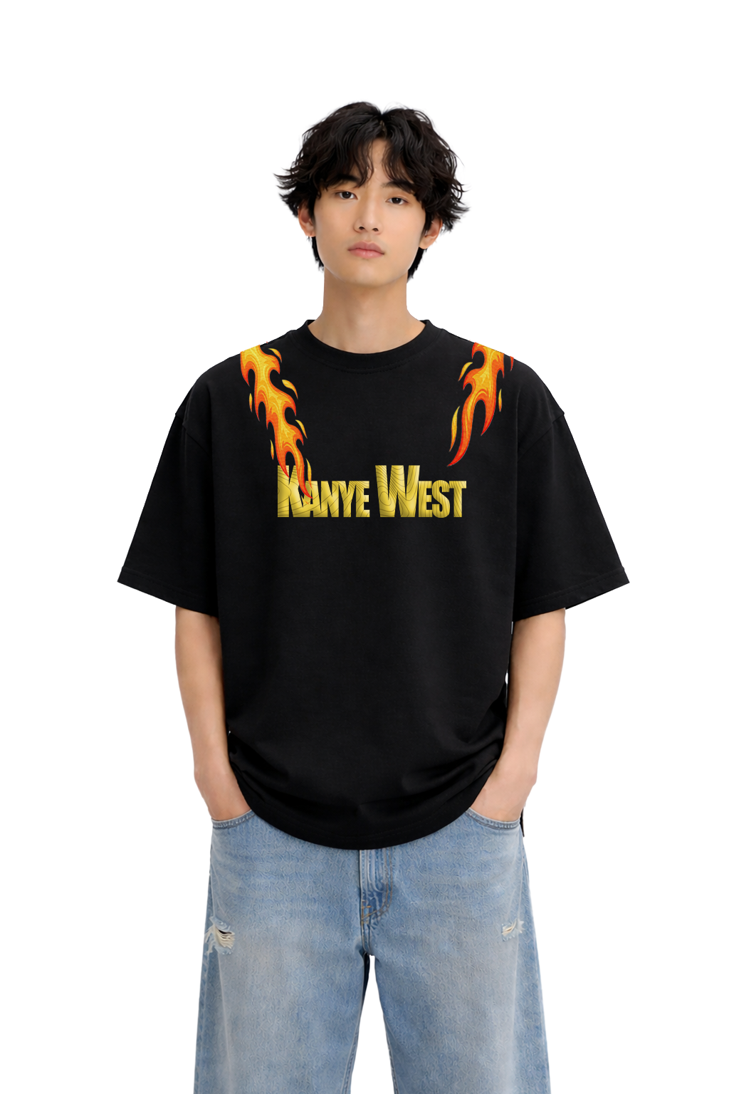 Model in oversized black streetwear t-shirt with flame graphics and bold text print