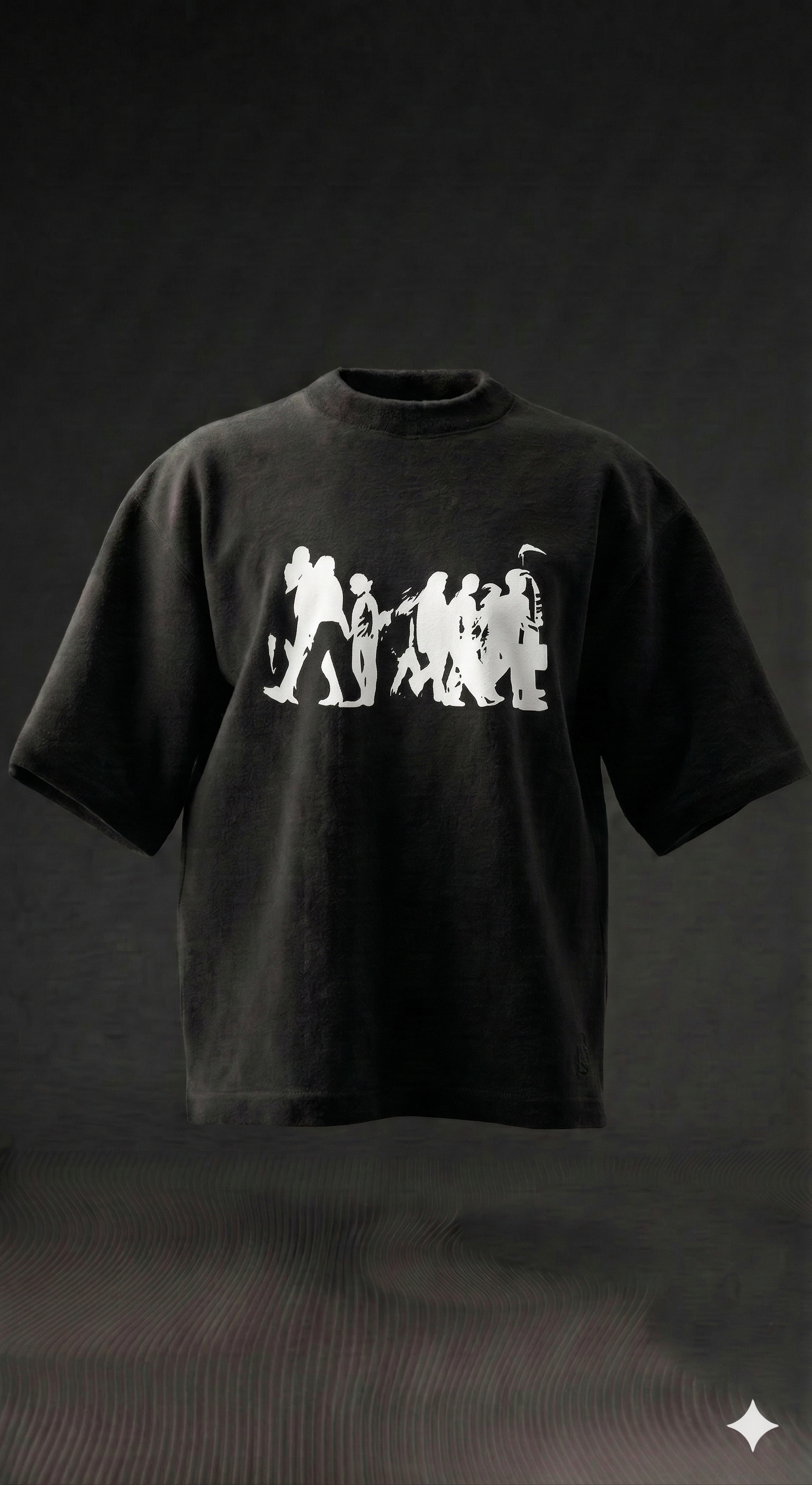 Black oversized streetwear t-shirt with white graphic of walking silhouettes on front