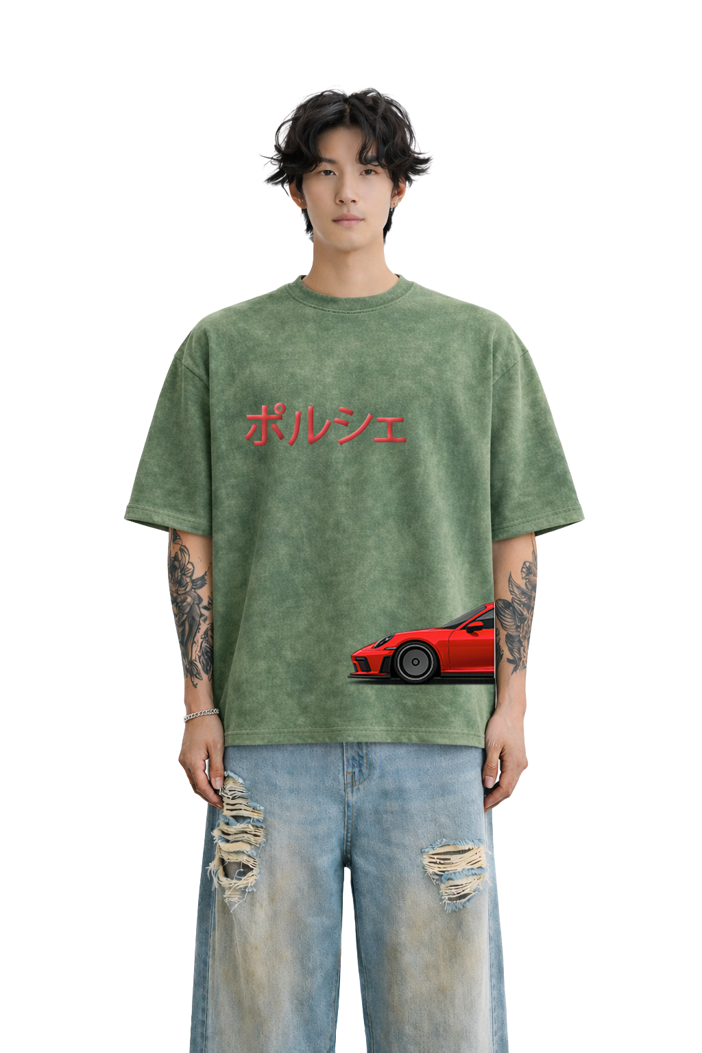 Model in oversized green streetwear t-shirt with Japanese text and red sports car graphic